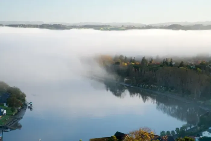 Framed Print : Early Morning Mist over Whanganui River, Wanganui, North Island, New Zealand