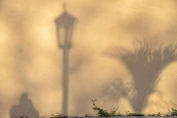 Early morning shadow of a man and lamppost and plant on house wall in Trinidad, Cuba