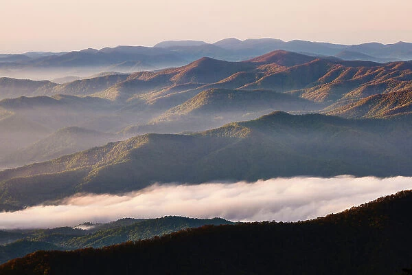 Early morning spring view of mountains and mist, from Clingmans Dome area, Great Smoky Mountains National Park, North Carolina