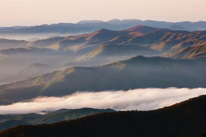 Framed Print : Early morning spring view of mountains and mist, from Clingmans Dome area, Great Smoky Mountains National Park, North Carolina