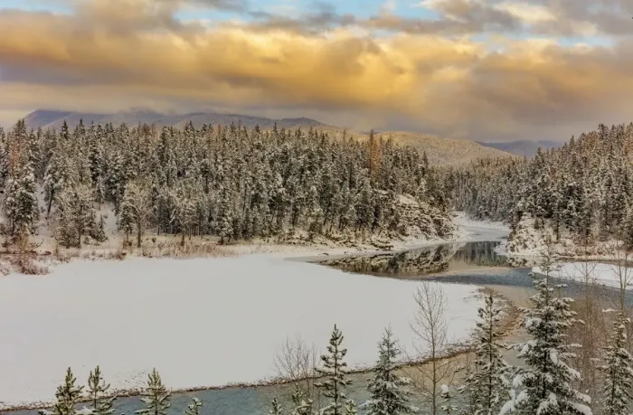 Framed Print : Early season snowfall on the Flathead River in the Flathead National Forest, Montana, USA Framed Print : Early season snowfall on the Flathead River in the Flathead National Forest, Montana, USA