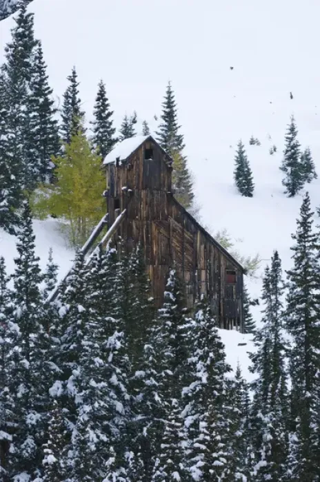 Framed Print : Early Snow and Mining Buildings, Red Mountain Pass, Ouray, Rocky Mountains, Colorado
