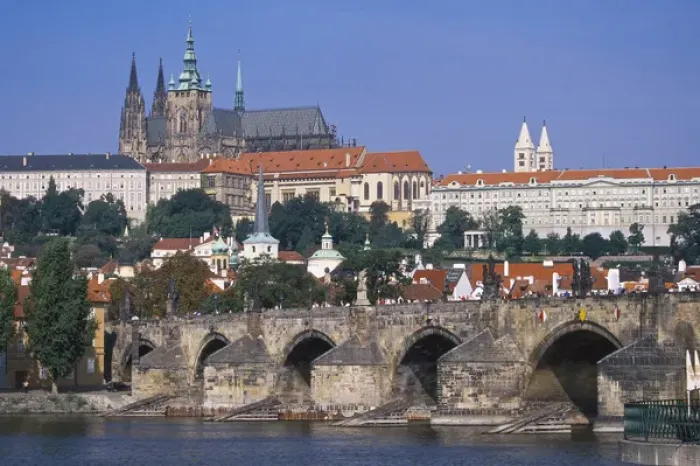 Framed Print : Eastern Europe, Czech Republic, Prague, St. Charles Bridge across the Vltava River
