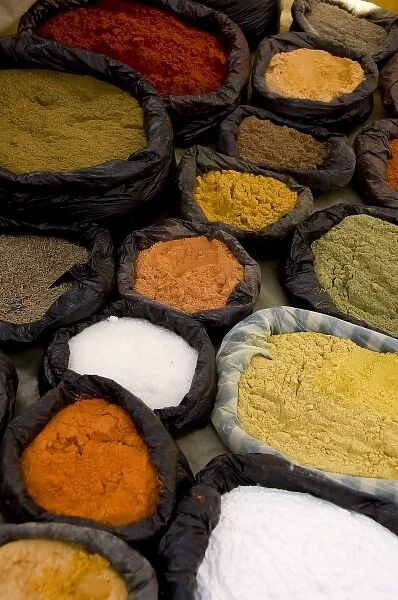 Ecuador. Famous Otavalo Market which dates back to pre-Inca times. Bags of Ecuadorian spices
