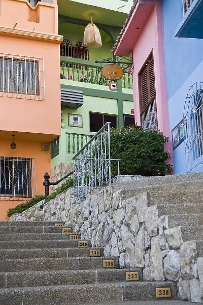 Ecuador, Guayaquil. Shops and residential areas line the stairs leading to the top