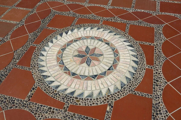 Ecuador, Pichincha, Quito. Geometric tile floor, Rincon de Puembo, Manuel Burbano