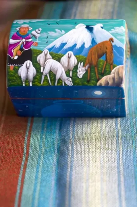 Framed Print : Ecuador. Typical Ecuadorian handicrafts, hand painted box with local highland scenes Framed Print : Ecuador. Typical Ecuadorian handicrafts, hand painted box with local highland scenes