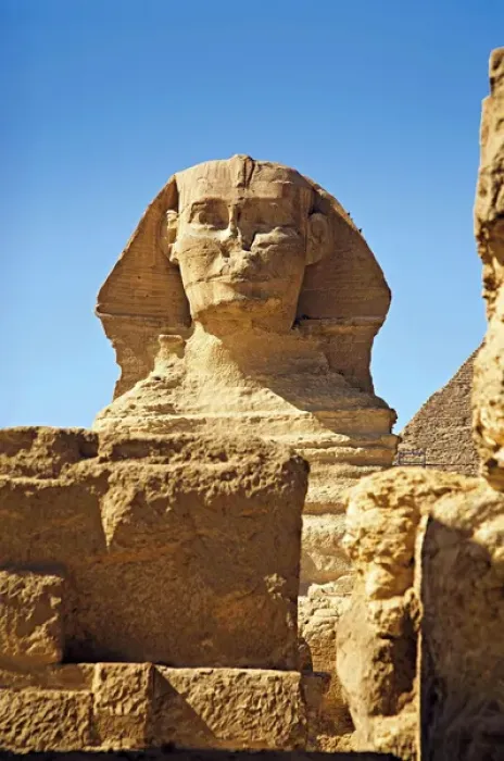 Framed Print : Egypt, Cairo, Giza, The Sphinx and Chefren Pyramid