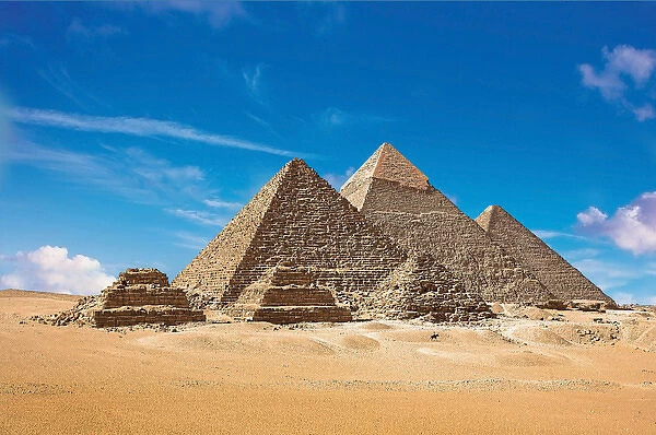 Egypt, Cairo, Giza, View of all three Great Pyramids with the lesser pyramids of