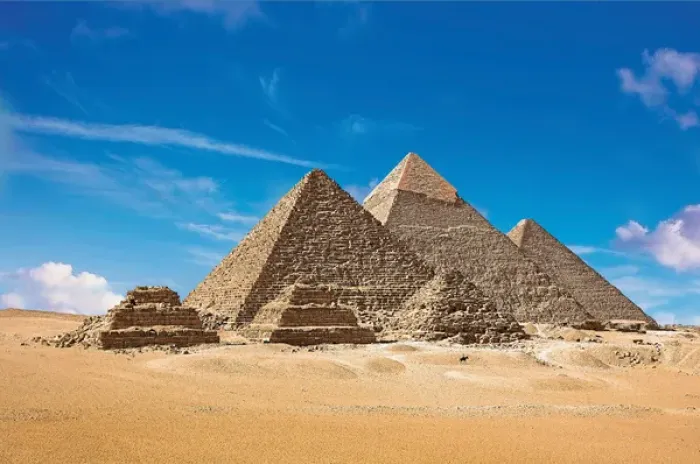 Framed Print : Egypt, Cairo, Giza, View of all three Great Pyramids with the lesser pyramids of Framed Print : Egypt, Cairo, Giza, View of all three Great Pyramids with the lesser pyramids of