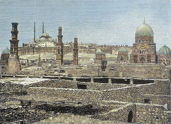 Egypt. Cairo. View of the city with the Citadel. Nineteenth-century colored engraving