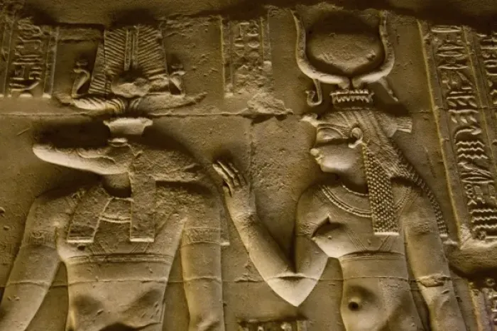 Framed Print : Egypt, Kom Ombo. Egyptian gods Sobek, the crocodile and Isis, mother of life on a