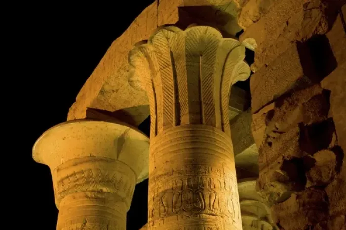 Framed Print : Egypt, Kom Ombo. Illuminated pillars of Kom Ombo Temple dedicated to two Egyptian gods: Sobek Framed Print : Egypt, Kom Ombo. Illuminated pillars of Kom Ombo Temple dedicated to two Egyptian gods: Sobek