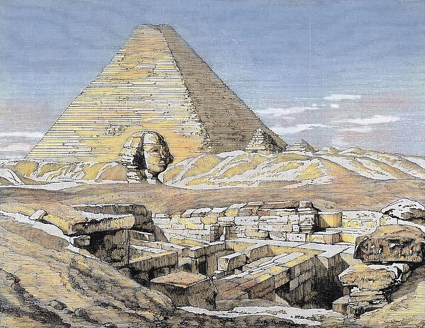 Egypt. Pyramids and Sphinx. Colored engraving, 1879