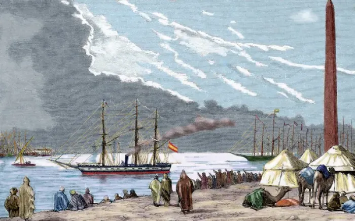 Framed Print : Egypt. The Spanish frigate Berenguela by the Suez Canal, the first large-scale Framed Print : Egypt. The Spanish frigate Berenguela by the Suez Canal, the first large-scale