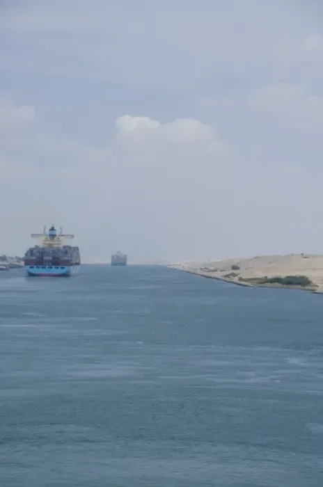 Framed Print : Egypt, Suez Canal. Typical canal views, ship transiting canal