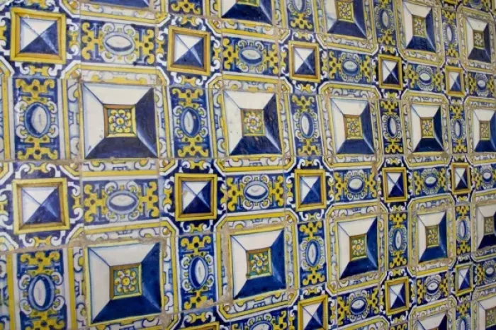 Framed Print : Elaborate tile wall in Church of San Francisco and monastery, famous for its catacombs and library