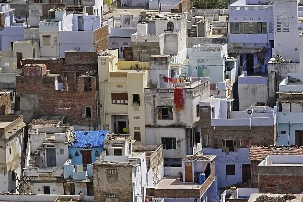Elevated view of homes in Udaipur, India, from City Palace