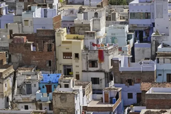 Framed Print : Elevated view of homes in Udaipur, India, from City Palace