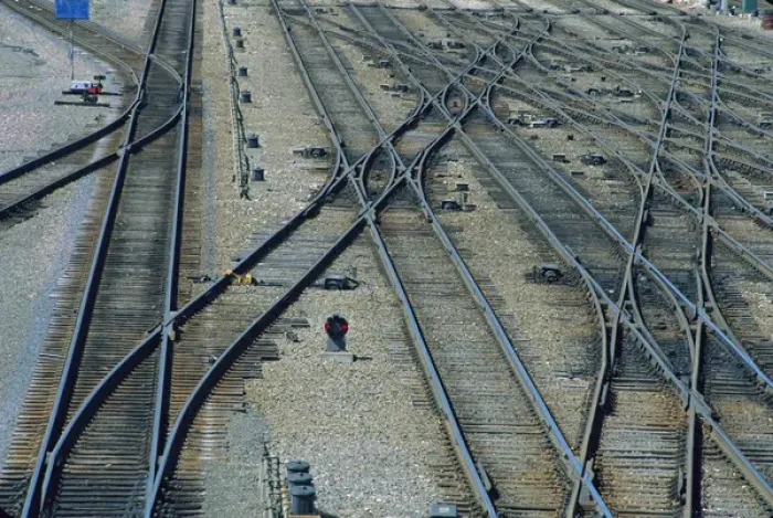 Framed Print : Elevated view railroad switching yard tracks Framed Print : Elevated view railroad switching yard tracks