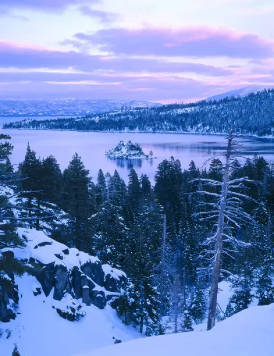 Framed Print : EMERALD BAY STATE PARK, CALIFORNIA. USA. Emerald Bay in winter at dusk. Lake Tahoe