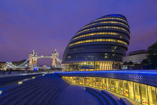 England, London. City Hall and the Tower Bridge at twilight