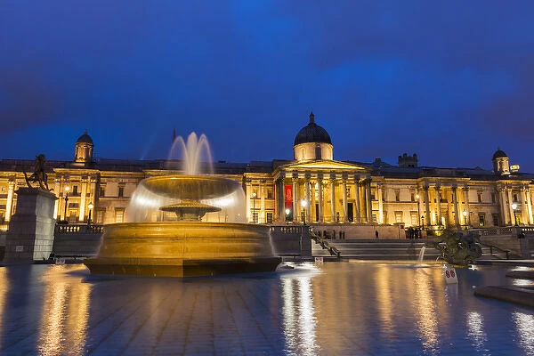 England, London. National Gallery building at twilight