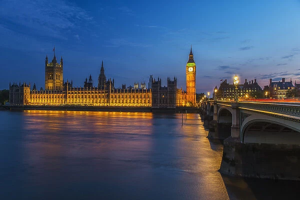 England, London. Parliament and Westminster Bridge at twilight
