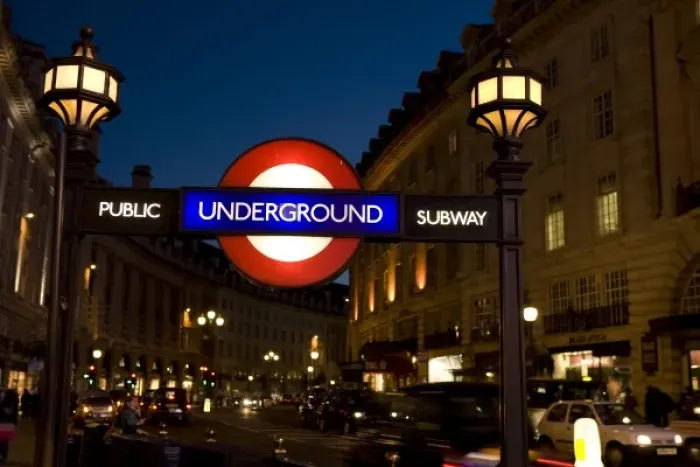 Framed Print : England, London. Underground Tube entrance at twilight Framed Print : England, London. Underground Tube entrance at twilight