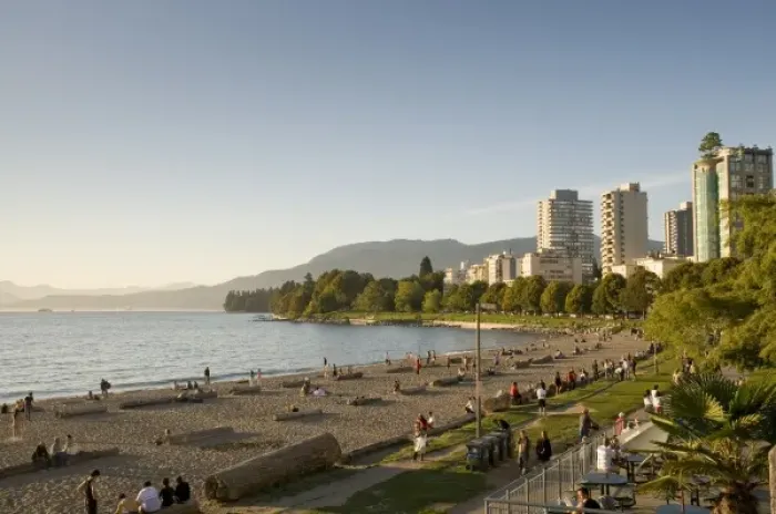 Framed Print : Enjoying the beach and cafes and waiting for sunset at English Bay Beach in the West Framed Print : Enjoying the beach and cafes and waiting for sunset at English Bay Beach in the West