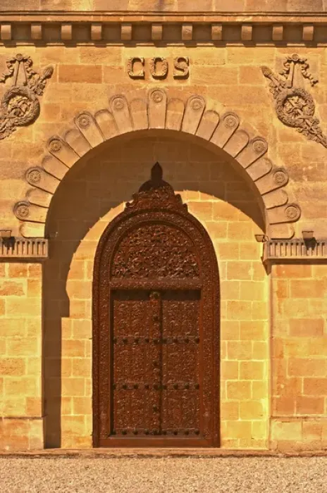 Framed Print : The entrance door to the elaborately decorated winery at Cos d Estournel in oriental style