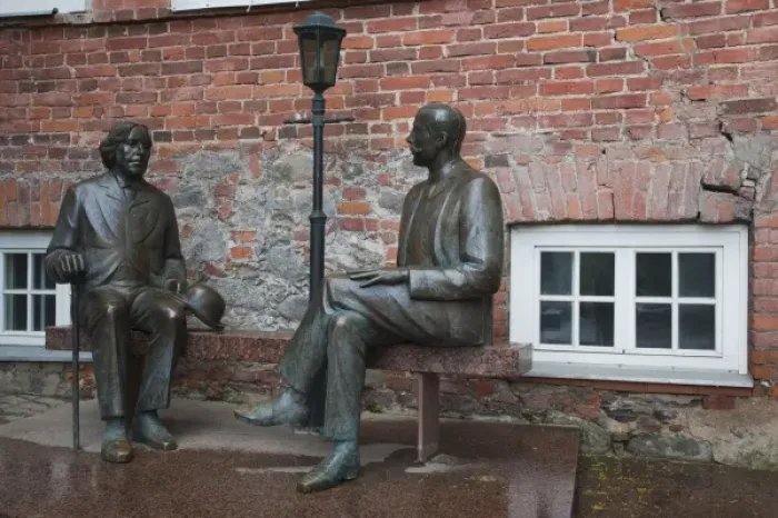 Framed Print : Estonia, Southeastern Estonia, Tartu, statues of Irish writer Oscar Wilde and Estonian