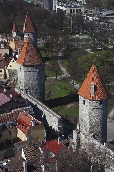 Estonia, Tallinn, Old Town, elevated view of City Walls from St. Olafs Church Tower