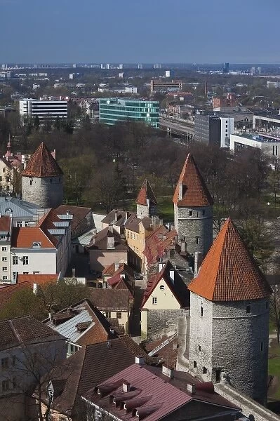Estonia, Tallinn, Old Town, elevated view of City Walls from St. Olafs Church Tower