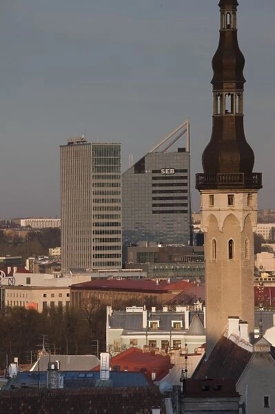 Estonia, Tallinn, Toompea area, elevated view of Town Hall and old and new Tallinn