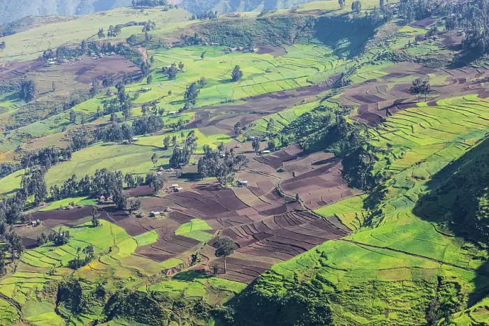 Framed Print : Ethiopia. Amhara. North Gondar. View of farms and a village in the Ethiopian highlands Framed Print : Ethiopia. Amhara. North Gondar. View of farms and a village in the Ethiopian highlands