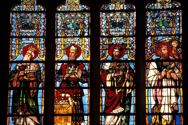 EU, France, Alsace, Stained glass window at St. Nicholas De Port Basilica