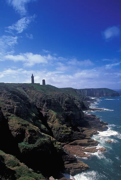 EU, France, Brittany, Cotes d Armor, Cap Frehel. Cliffs and lighthouse (b. 1946)