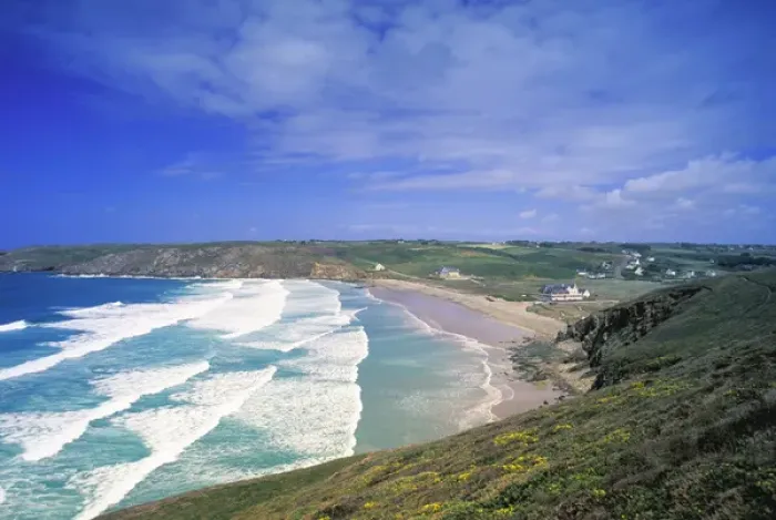 Framed Print : EU, France, Brittany, Finistere, Pointe Du Raz. Baie des Trepasses, Beach