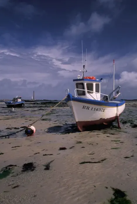Framed Print : EU, France, Brittany, Finistere, Phare De L Ile Vierge. Low tide and boats Framed Print : EU, France, Brittany, Finistere, Phare De L Ile Vierge. Low tide and boats