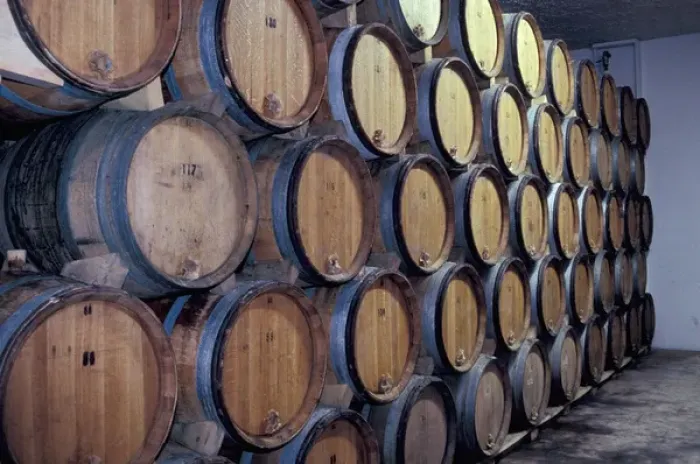 Framed Print : EU, France, Burgundy. Chablis winery, Barrel room