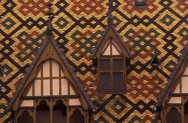 EU, France, Burgundy, Cote d Or, Beaune. Tiled roofs of the Hotel Dieu