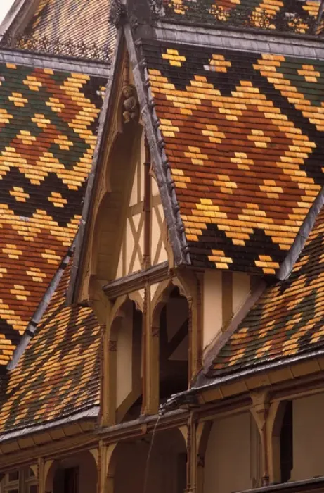 Framed Print : EU, France, Burgundy, Cote d Or, Beaune. Tiled roofs of the Hotel Dieu