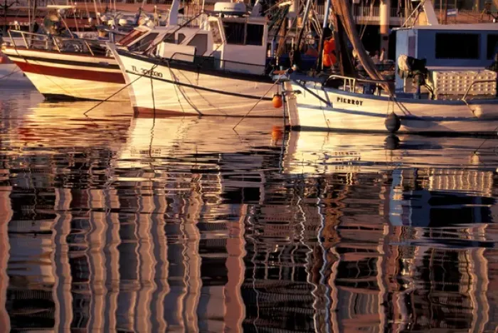 Framed Print : EU, France, Cote D Azur, Var, Toulon. Boat reflections in old port