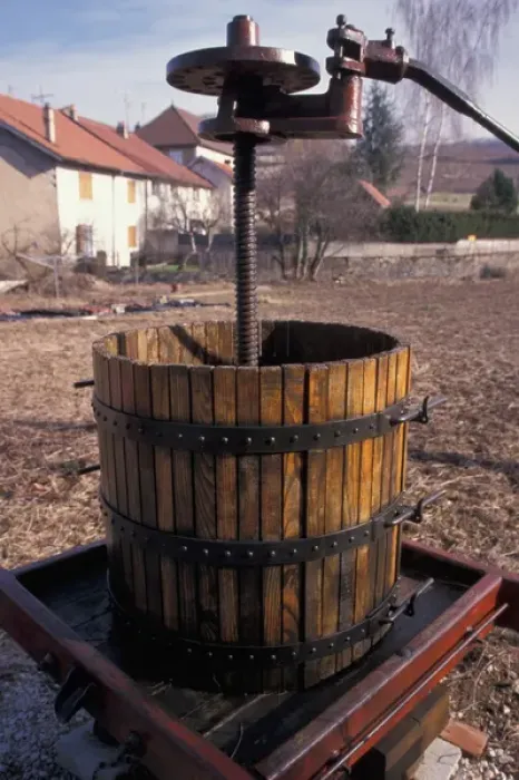 Framed Print : EU, France, Jura. Wine press at winery in village of Poligny Framed Print : EU, France, Jura. Wine press at winery in village of Poligny