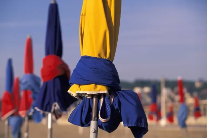 Framed Print : EU, France, Normandy, Calvados, Deauville. Promenade des Planches Beach, Beach Umbrellas