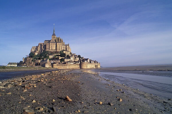 EU, France, Normandy, Le Mont St. Michael Cathedral at low tide