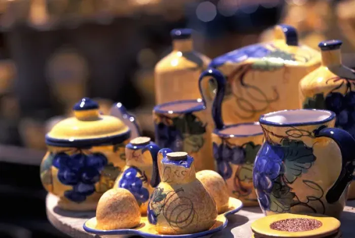 Framed Print : EU, France, Provence, Gard, Aigues-Mortes. Pottery shop in open-air market