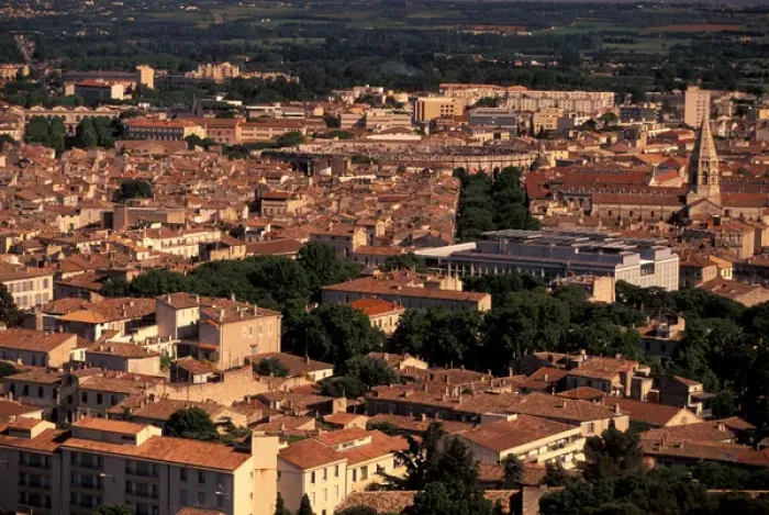 Framed Print : EU, France, Provence, Gard, Nimes. City view from Tour Magne towards amphitheatre Framed Print : EU, France, Provence, Gard, Nimes. City view from Tour Magne towards amphitheatre