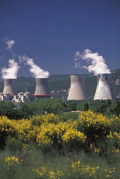 EU, France, Rhone Valley, Drome, Pierrelatte. Nuclear reactor towers by Rhone River
